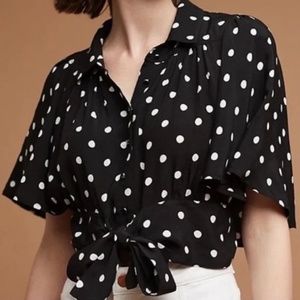 Maeve Anthropologie Polka Dot Crop Top Fluter Sleeve Tie Front Retro Size 0